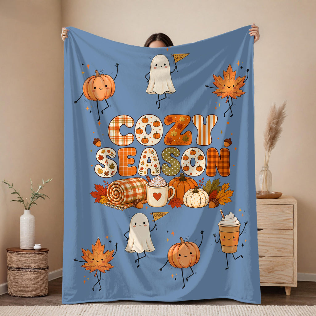Cozy Season Velveteen Blanket, Sherpa Blanket, Cute Fall Ghost Pumpkin Throw, Autumn Leaves Coffee Blanket, Halloween Gift
