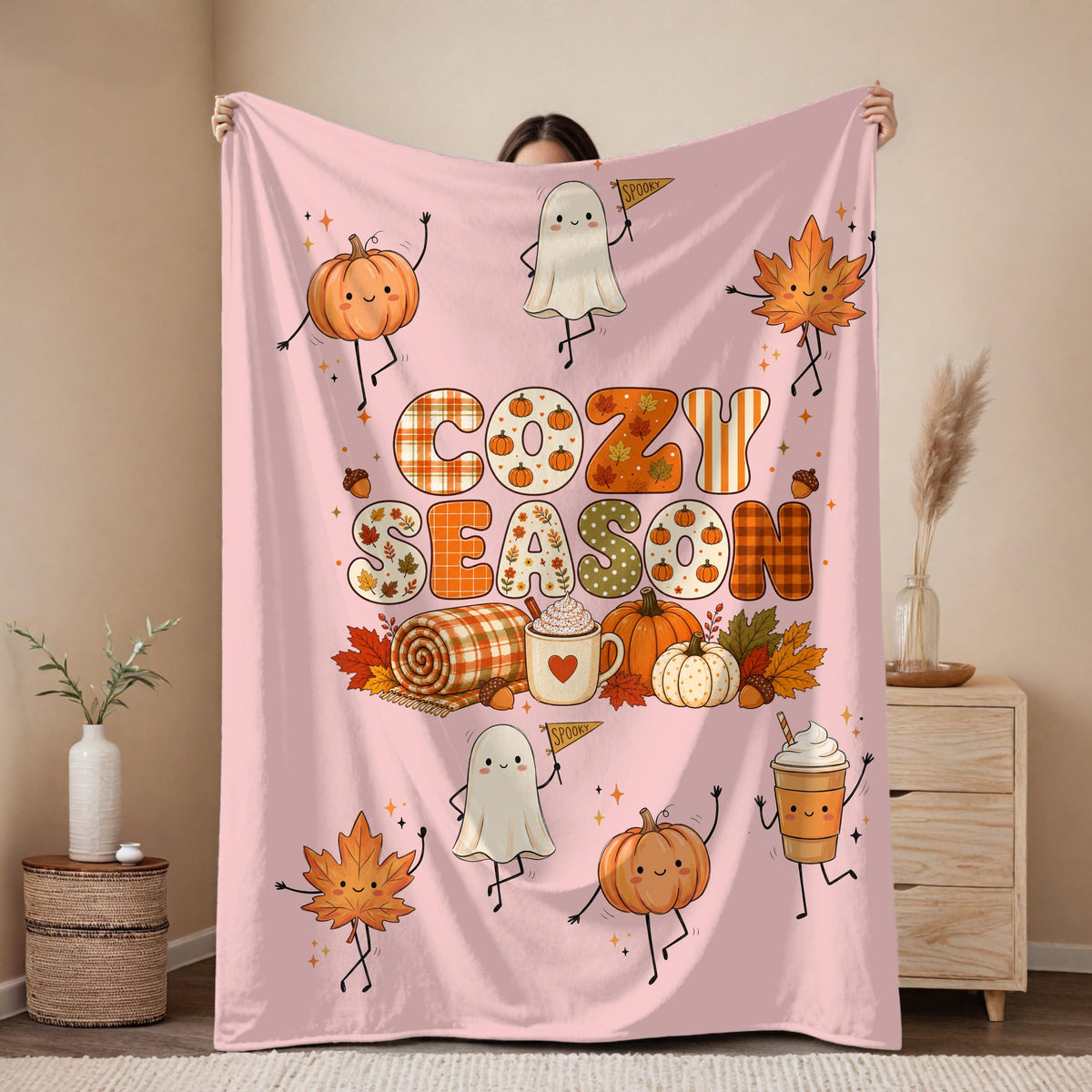 Cozy Season Velveteen Blanket, Sherpa Blanket, Cute Fall Ghost Pumpkin Throw, Autumn Leaves Coffee Blanket, Halloween Gift