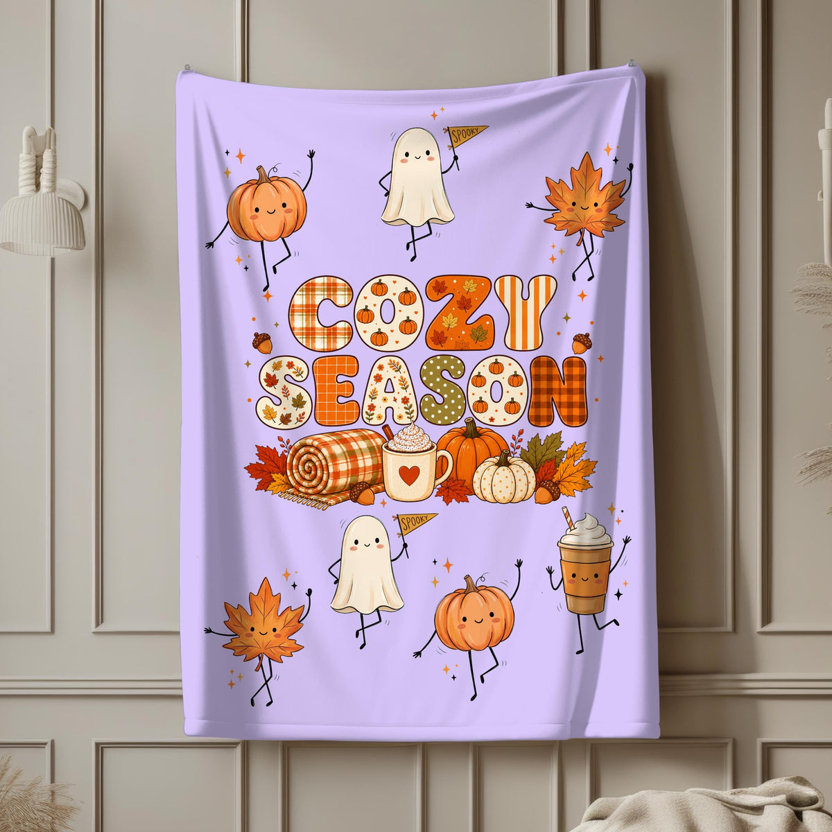 Cozy Season Velveteen Blanket, Sherpa Blanket, Cute Fall Ghost Pumpkin Throw, Autumn Leaves Coffee Blanket, Halloween Gift