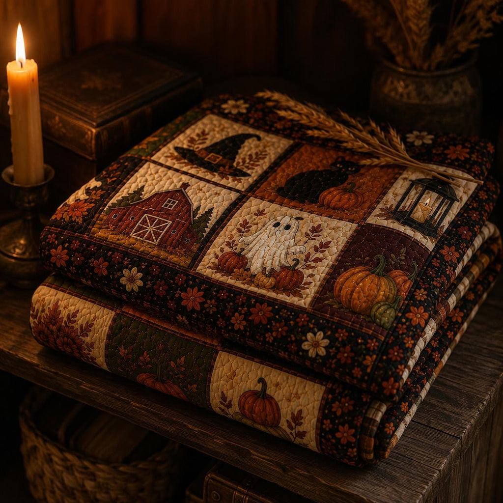 Halloween Patchwork Quilt Set, Pumpkin Ghost Patchwork Throw, Spooky Fall Quilt Blanket, Halloween Bedroom Decor, Fall Farmhouse Decor