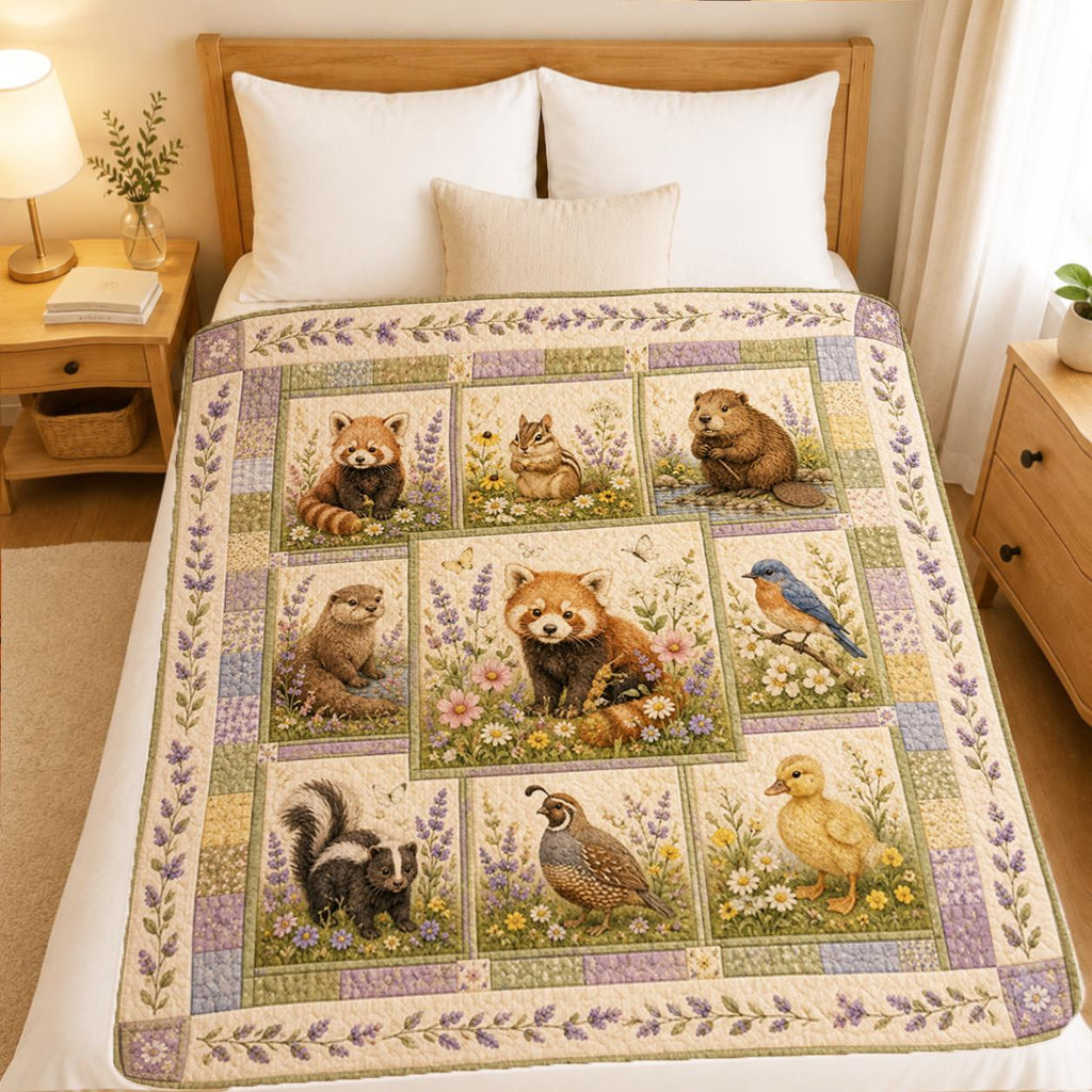 Woodland Animals Quilted Blanket, Red Panda, Beaver, Otter, Bird, Skunk, Wildflower Nursery Quilt