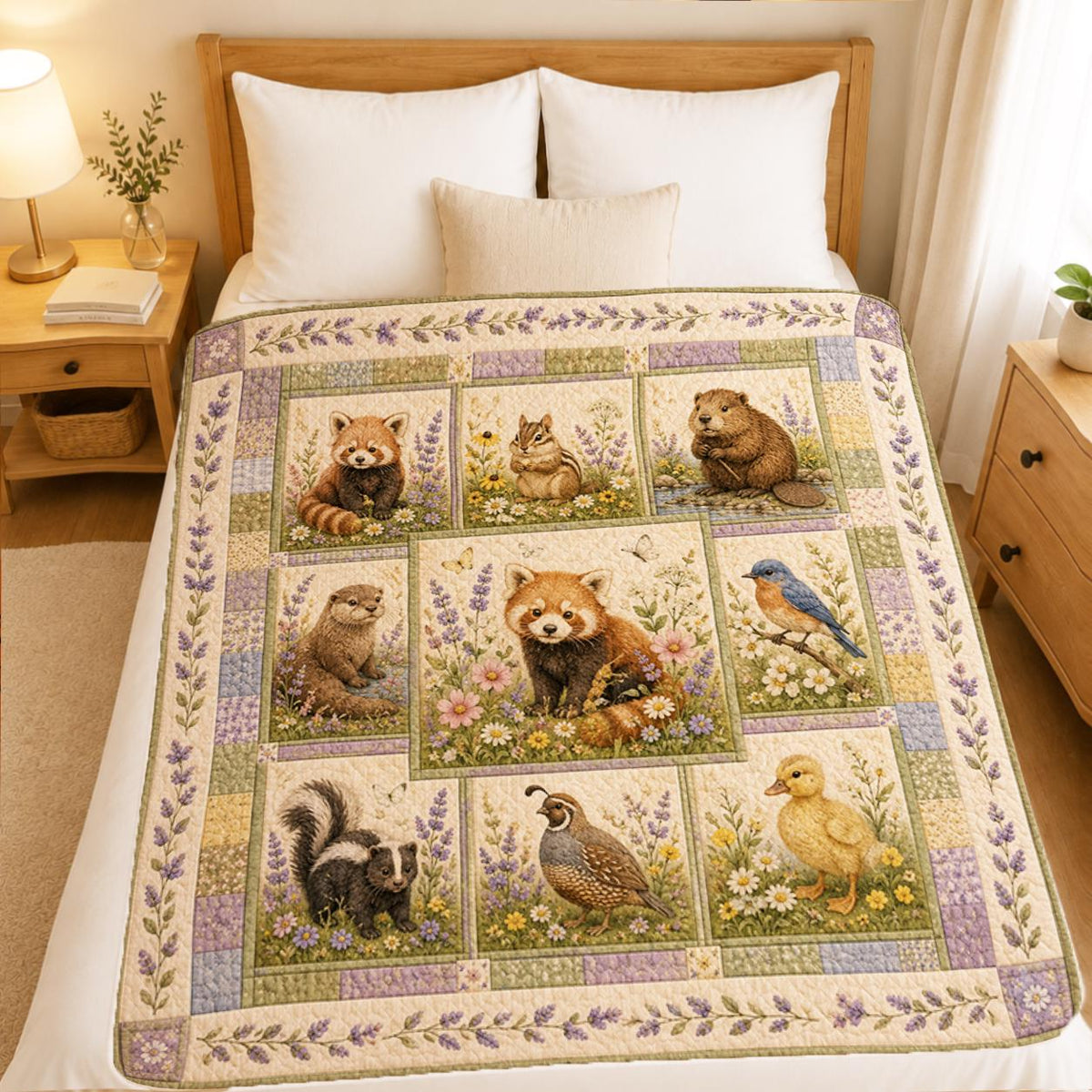 Woodland Animals Quilted Blanket, Red Panda, Beaver, Otter, Bird, Skunk, Wildflower Nursery Quilt
