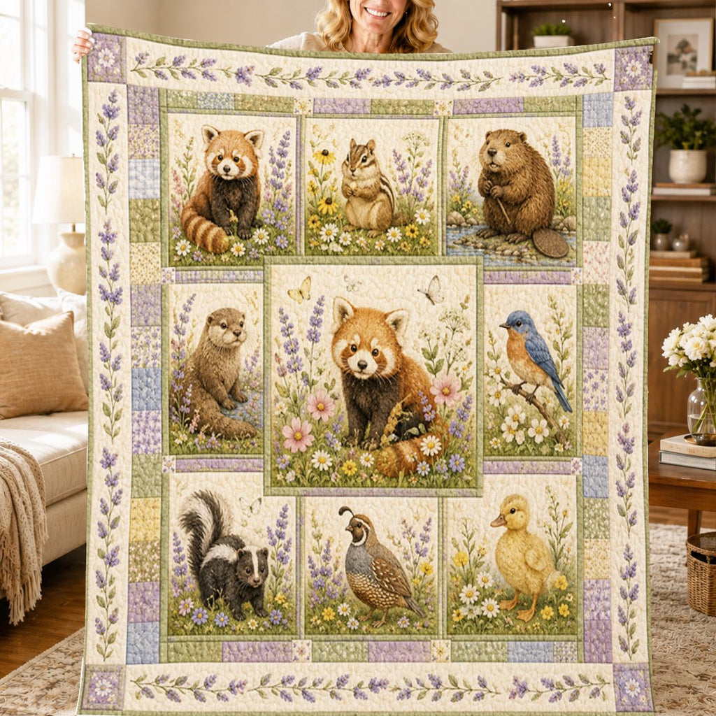 Woodland Animals Quilted Blanket, Red Panda, Beaver, Otter, Bird, Skunk, Wildflower Nursery Quilt