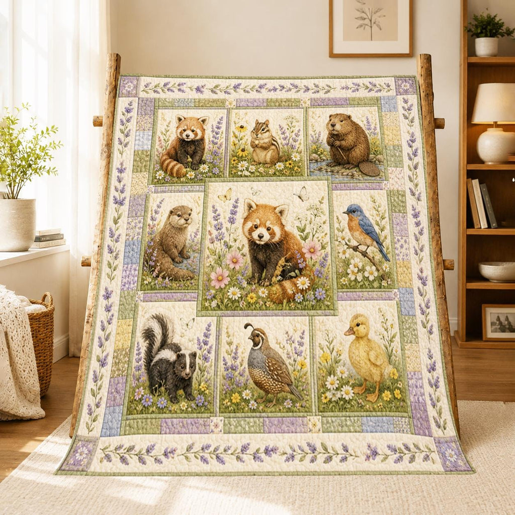 Woodland Animals Quilted Blanket, Red Panda, Beaver, Otter, Bird, Skunk, Wildflower Nursery Quilt