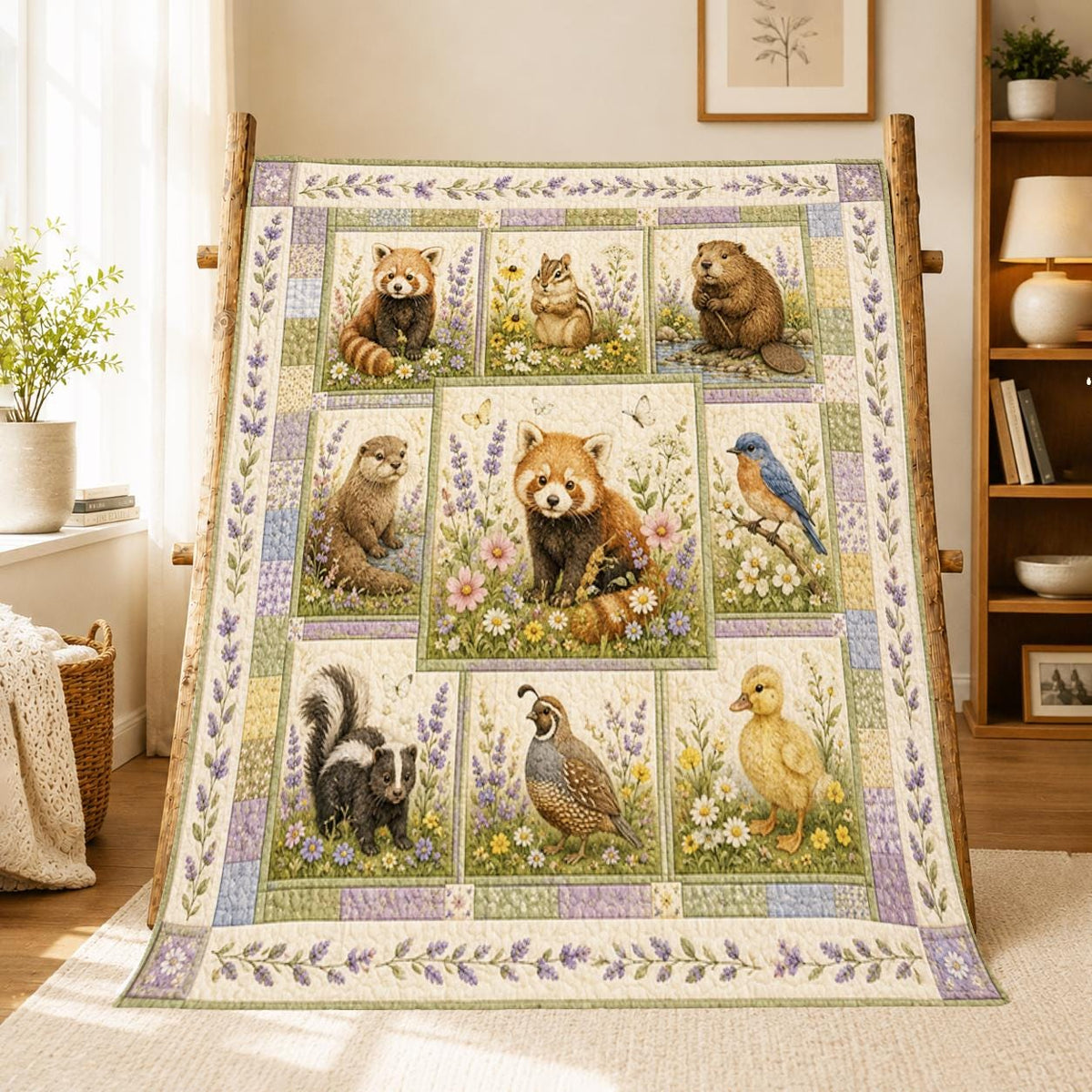 Woodland Animals Quilted Blanket, Red Panda, Beaver, Otter, Bird, Skunk, Wildflower Nursery Quilt
