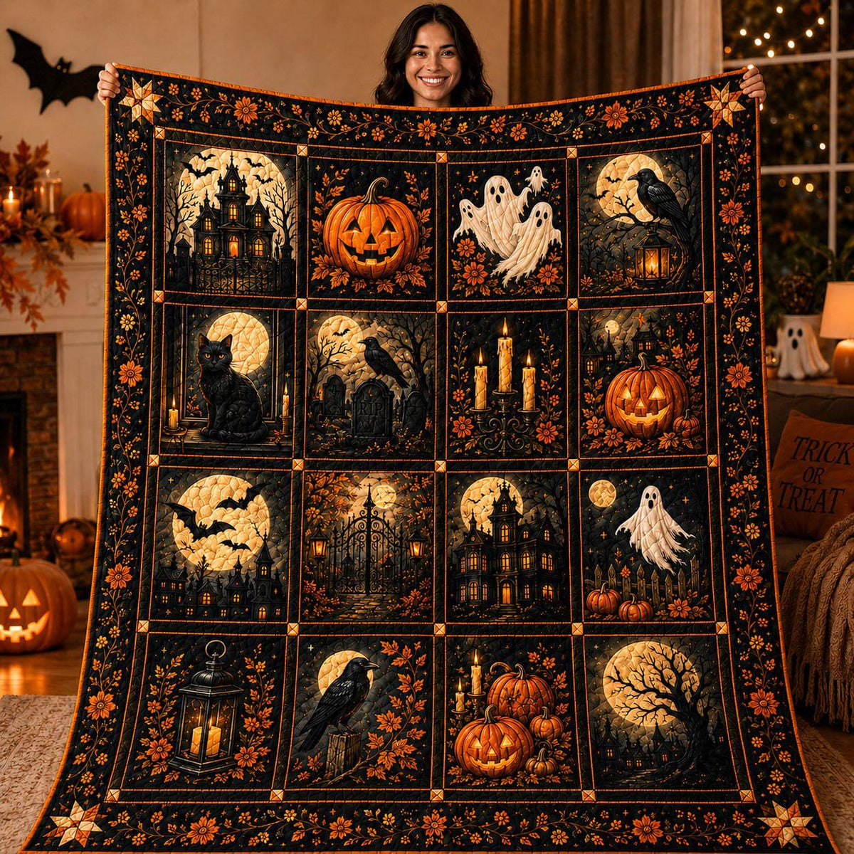 Halloween Patchwork Quilt Blanket, Haunted House Pumpkin Ghost Black Cat Throw