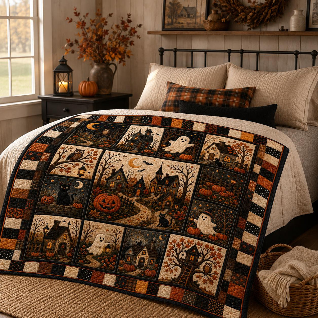 Halloween Cat Ghost Pumpkin Quilt, Cozy Patchwork Throw Blanket, Witchy Autumn Home Decor, Cute Fall Bedding Gift for Family