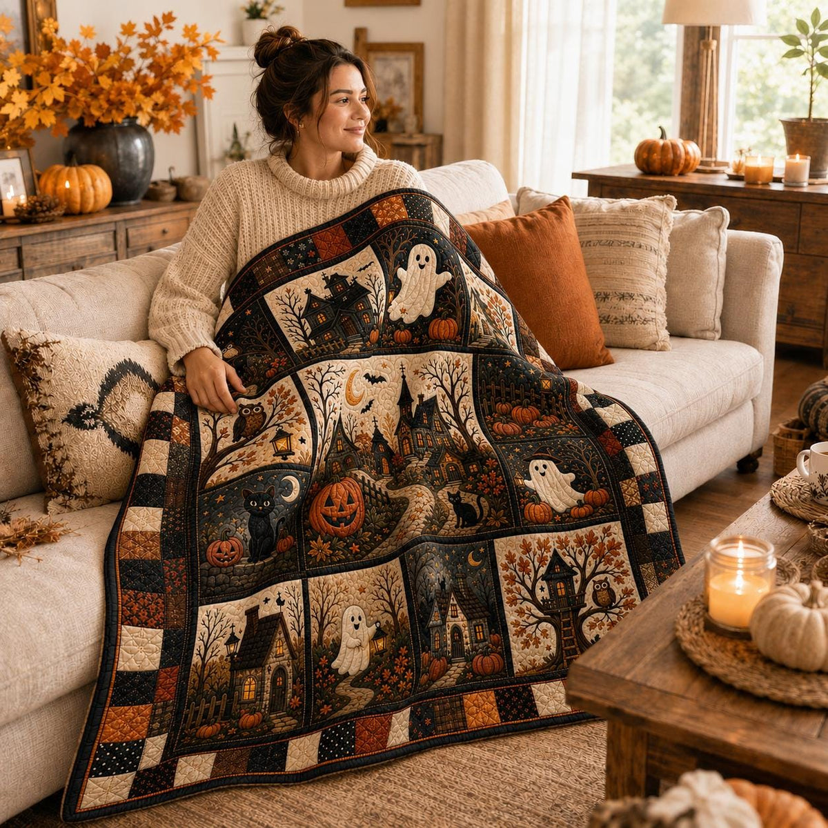 Halloween Cat Ghost Pumpkin Quilt, Cozy Patchwork Throw Blanket, Witchy Autumn Home Decor, Cute Fall Bedding Gift for Family