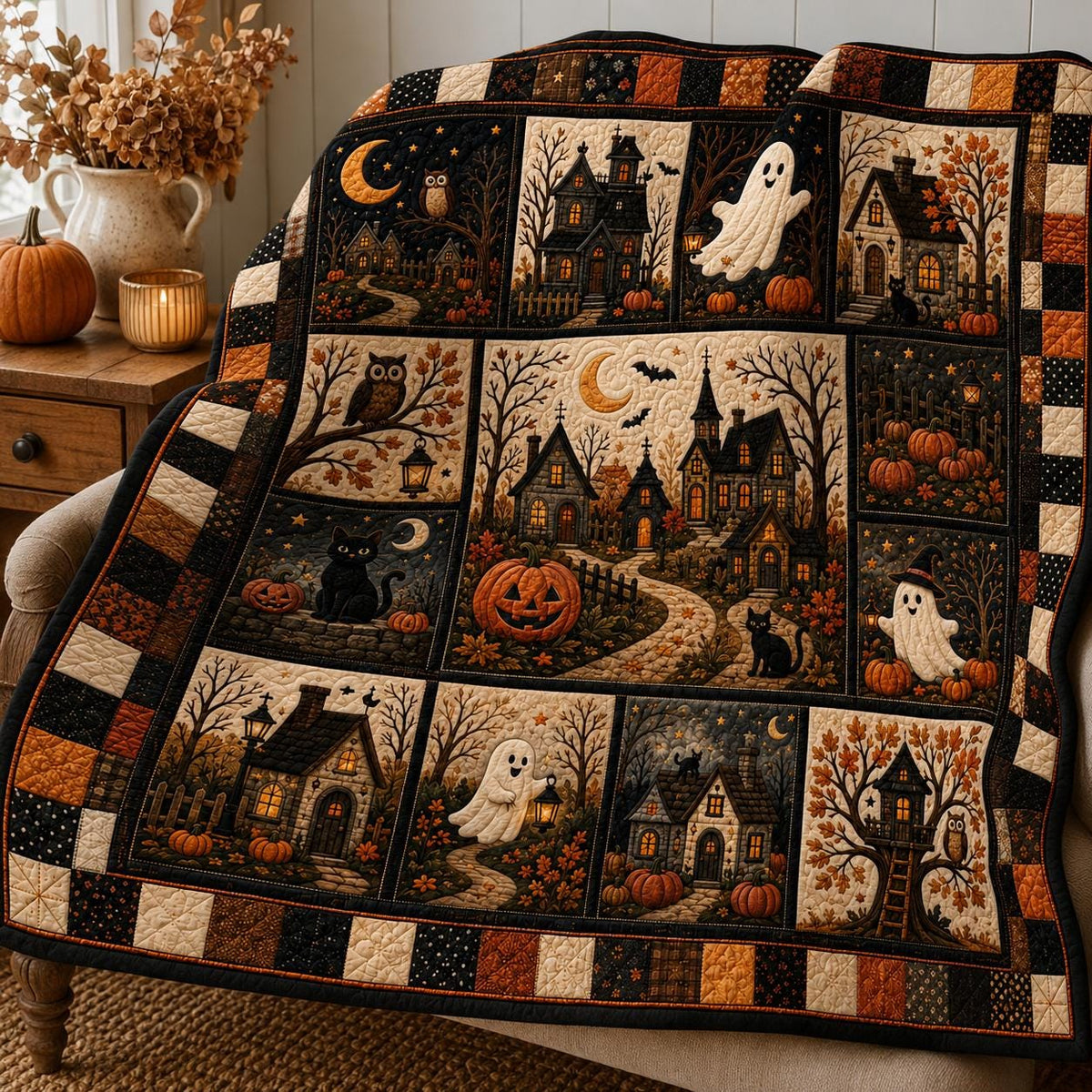 Halloween Cat Ghost Pumpkin Quilt, Cozy Patchwork Throw Blanket, Witchy Autumn Home Decor, Cute Fall Bedding Gift for Family
