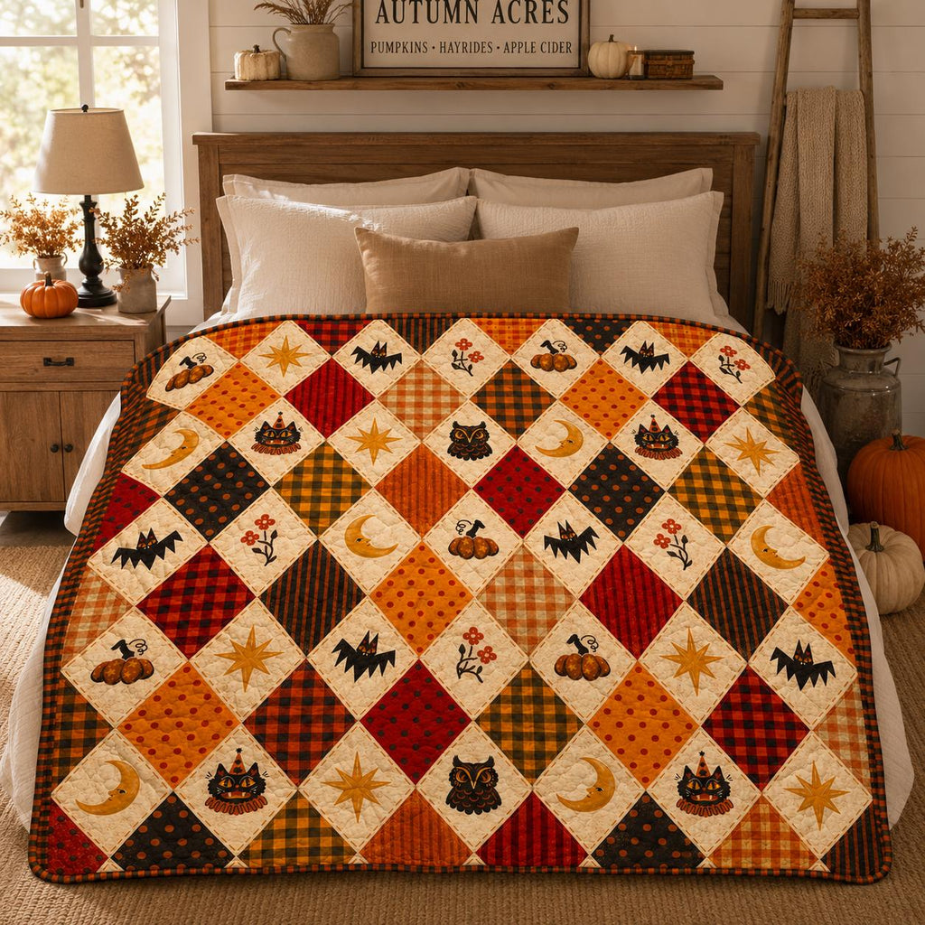 Autumn Halloween Quilt Blanket, Cute Black Cat Ghost Pumpkin Patchwork Throw, Witch Cottage Fall Decor, Cozy Sofa Bed Cover Gift
