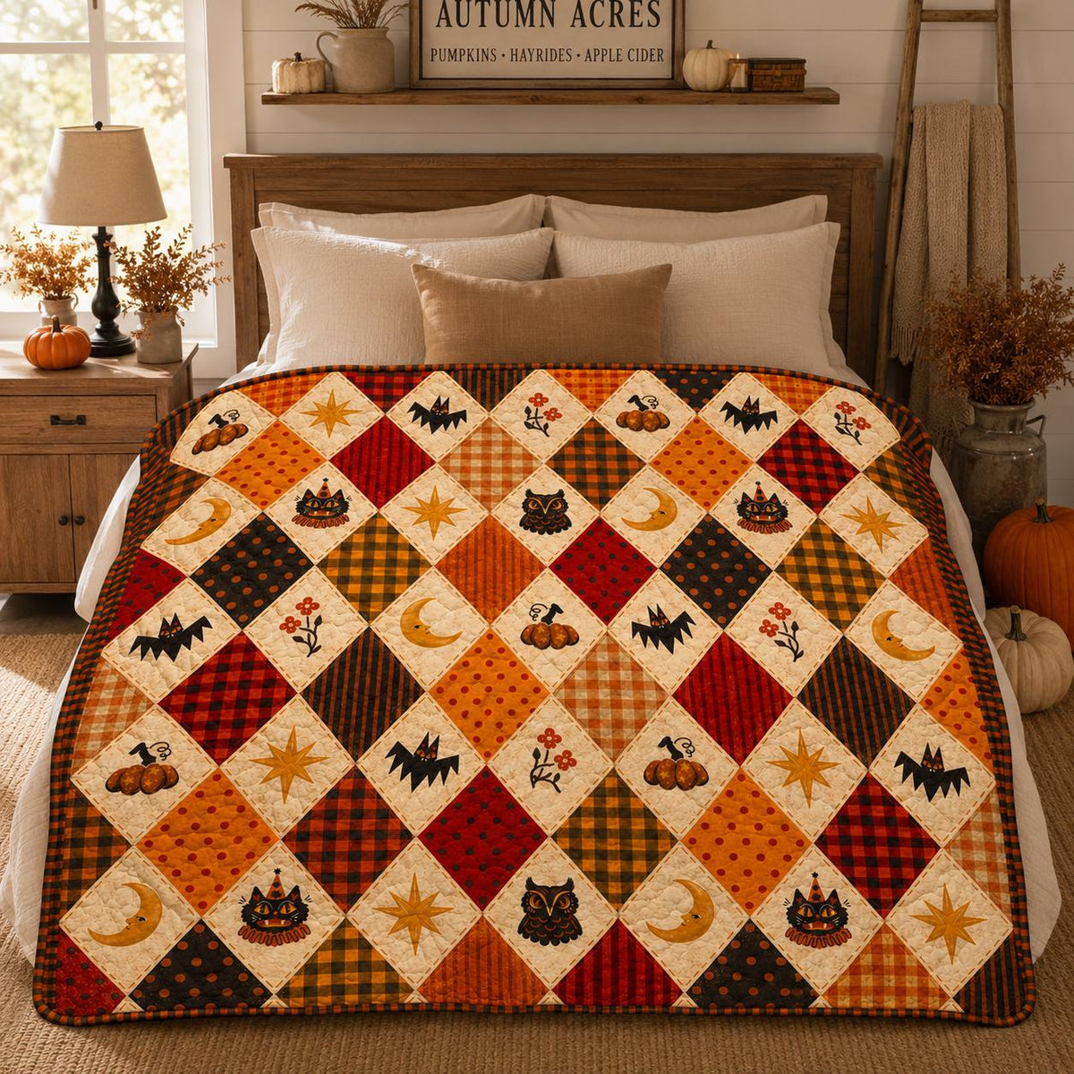 Autumn Halloween Quilt Blanket, Cute Black Cat Ghost Pumpkin Patchwork Throw, Witch Cottage Fall Decor, Cozy Sofa Bed Cover Gift