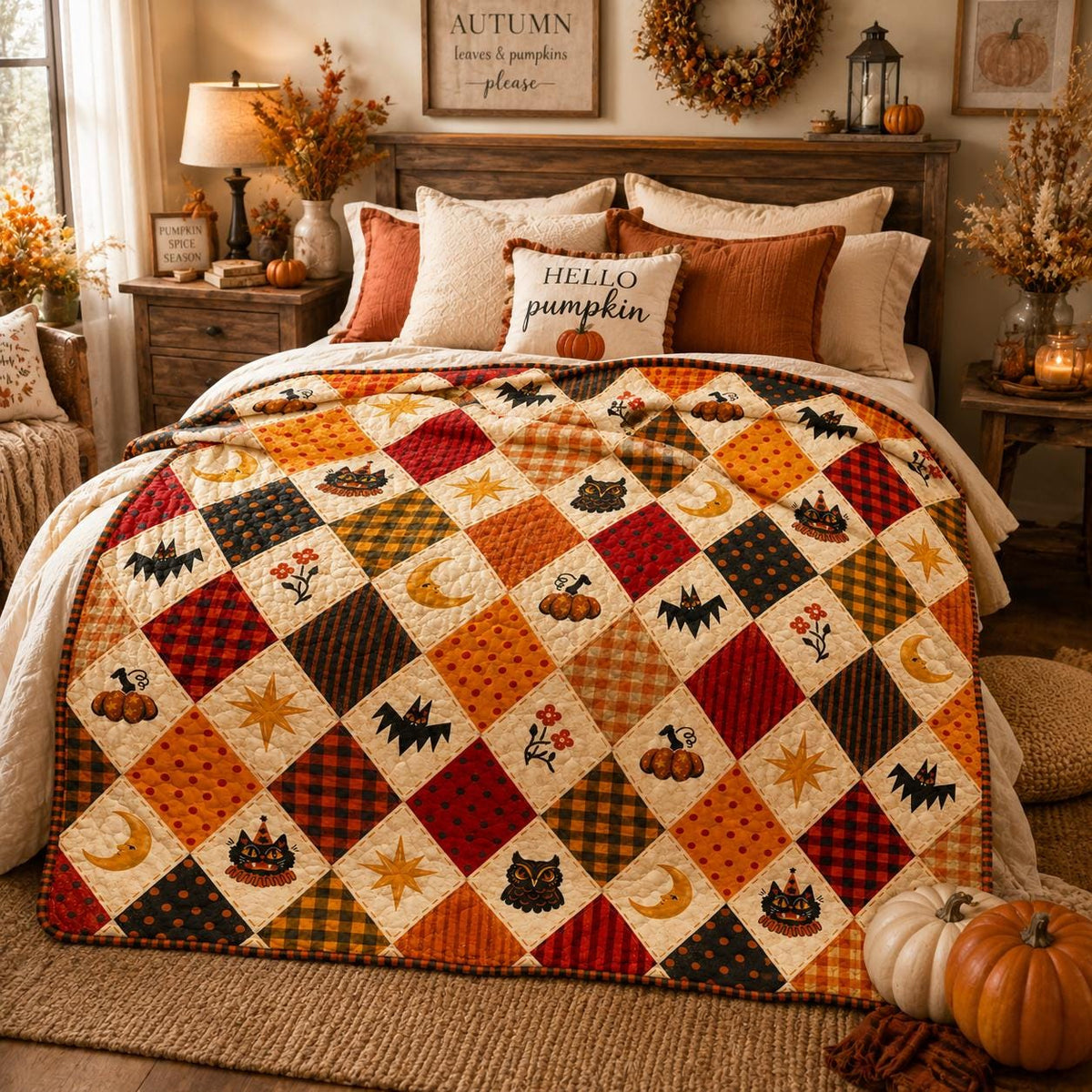 Autumn Halloween Quilt Blanket, Cute Black Cat Ghost Pumpkin Patchwork Throw, Witch Cottage Fall Decor, Cozy Sofa Bed Cover Gift