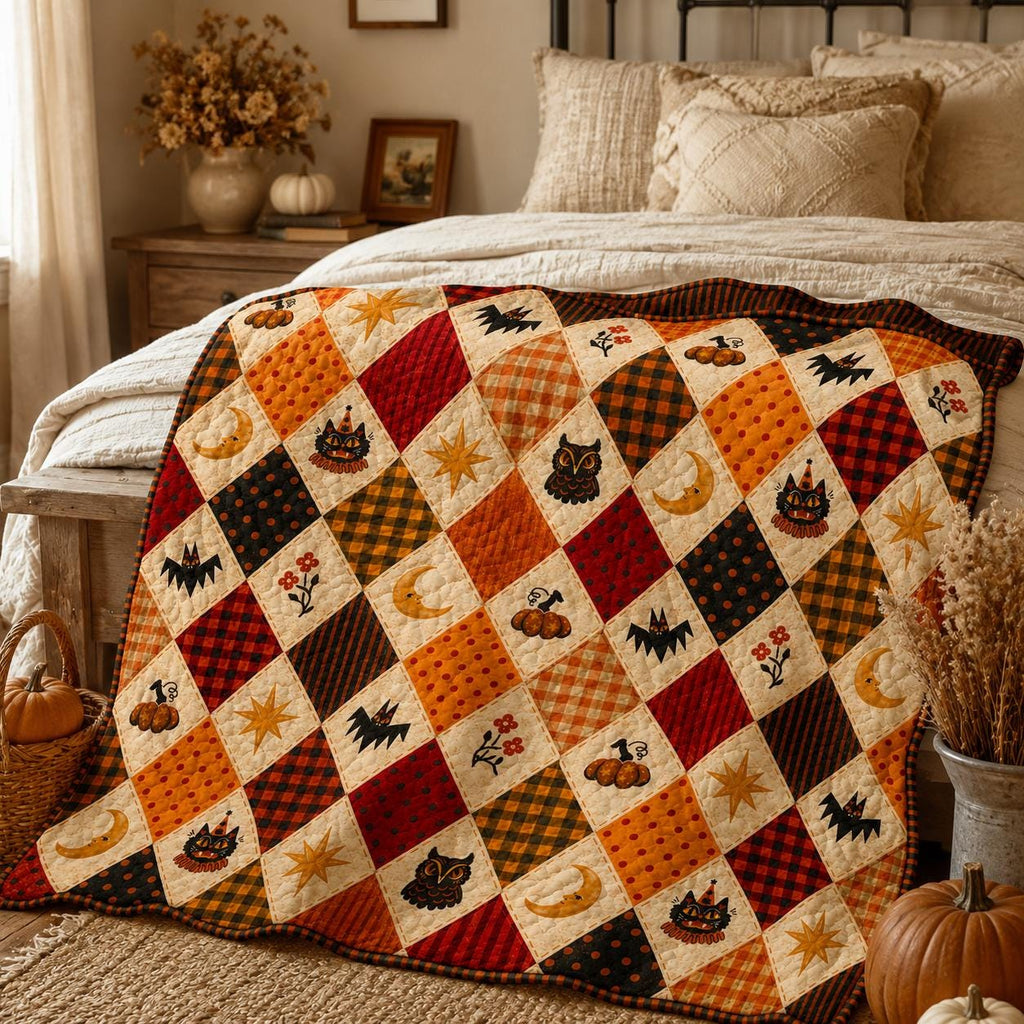 Autumn Halloween Quilt Blanket, Cute Black Cat Ghost Pumpkin Patchwork Throw, Witch Cottage Fall Decor, Cozy Sofa Bed Cover Gift