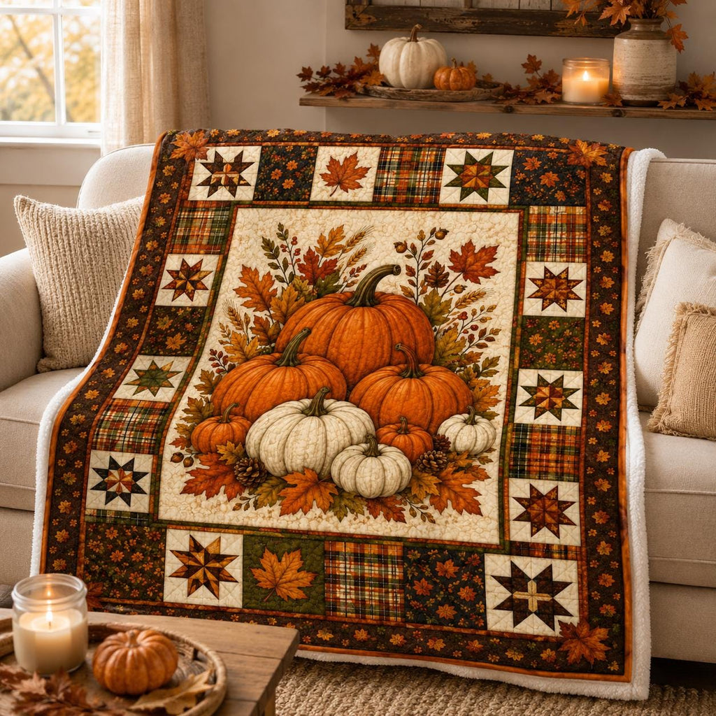 Fall Pumpkin Fleece Blanket, Autumn Harvest Quilt Style Throw, Farmhouse Pumpkin Blanket, Thanksgiving Home Decor Gift