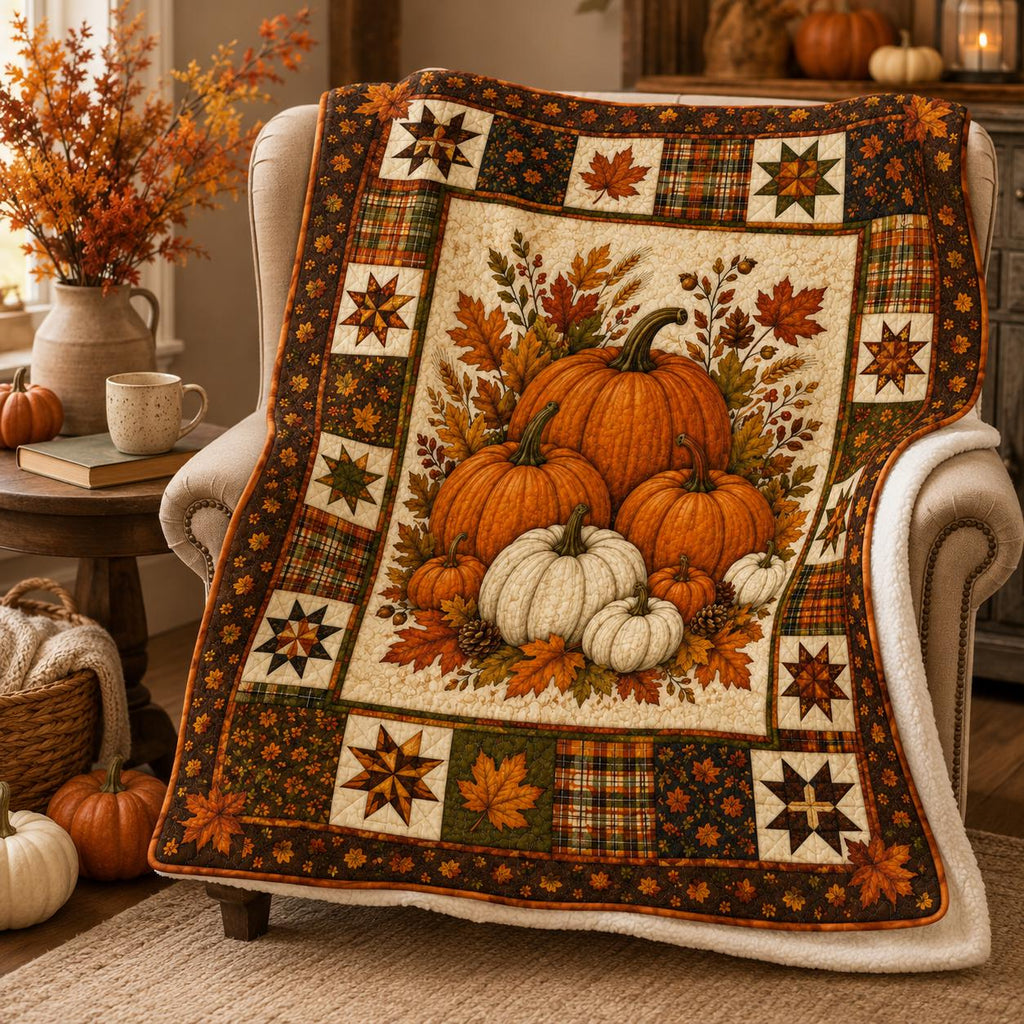 Fall Pumpkin Fleece Blanket, Autumn Harvest Quilt Style Throw, Farmhouse Pumpkin Blanket, Thanksgiving Home Decor Gift