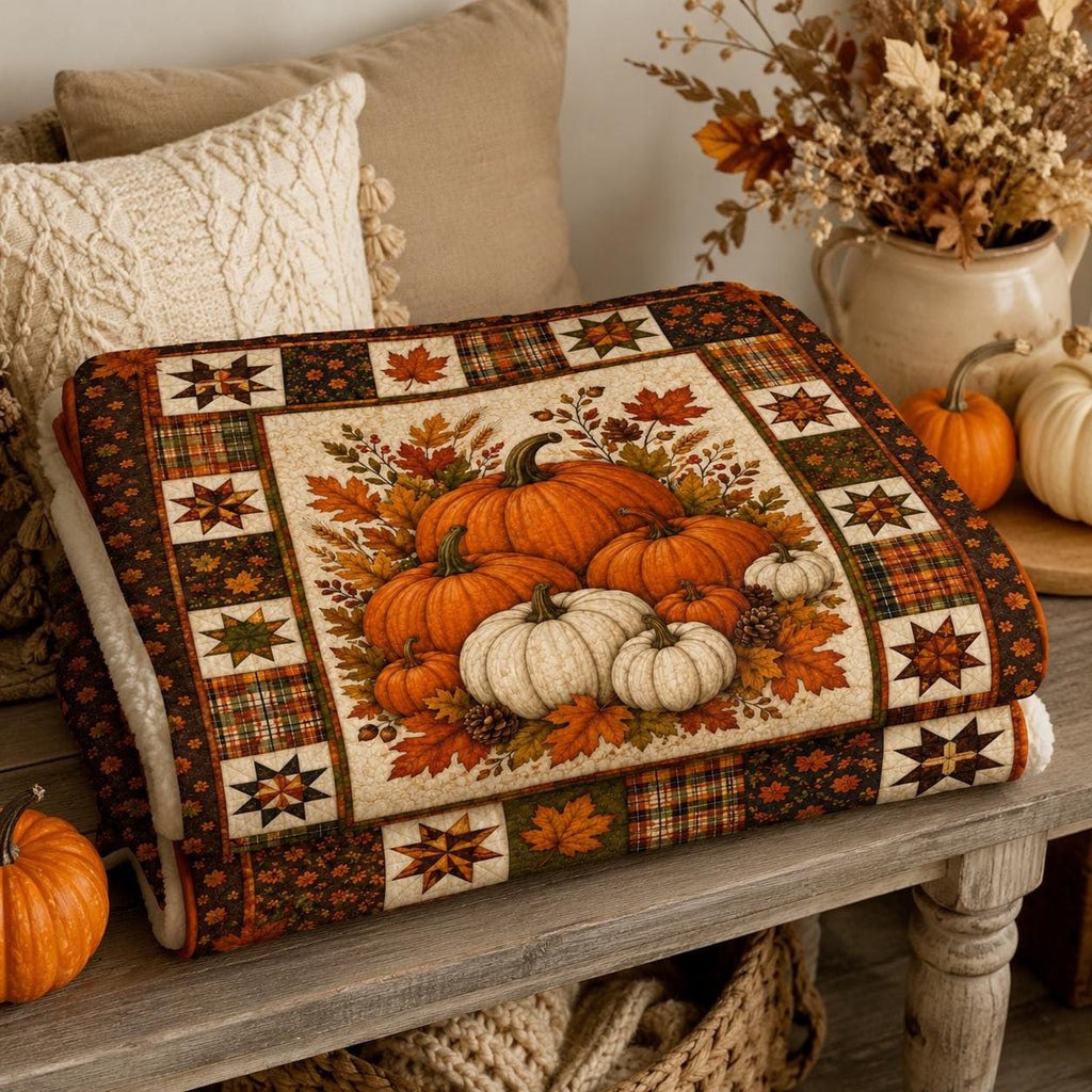 Fall Pumpkin Fleece Blanket, Autumn Harvest Quilt Style Throw, Farmhouse Pumpkin Blanket, Thanksgiving Home Decor Gift