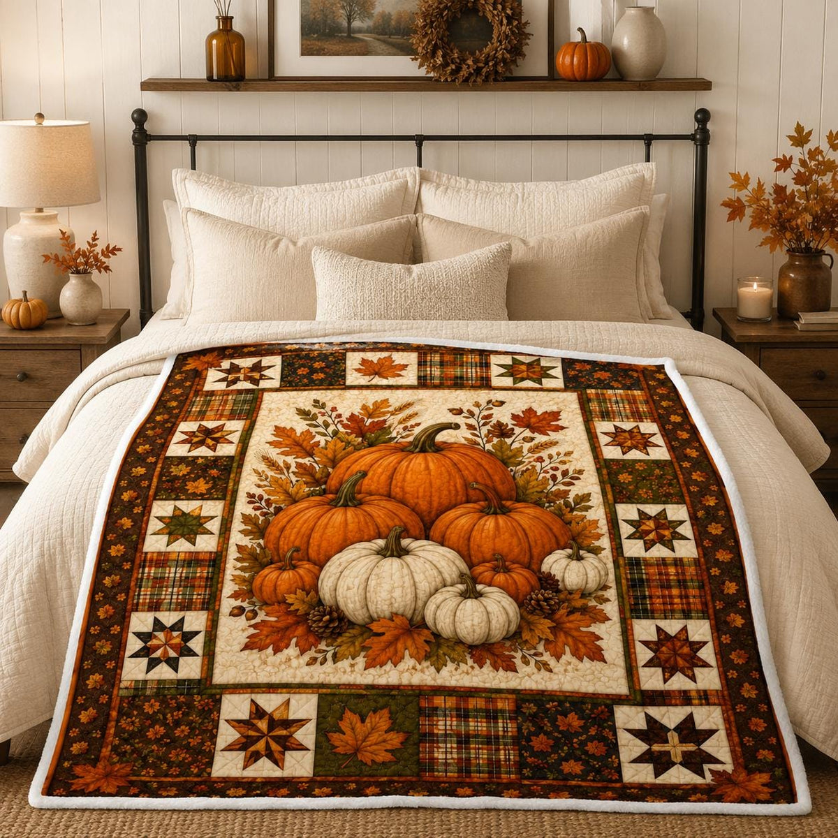 Fall Pumpkin Fleece Blanket, Autumn Harvest Quilt Style Throw, Farmhouse Pumpkin Blanket, Thanksgiving Home Decor Gift
