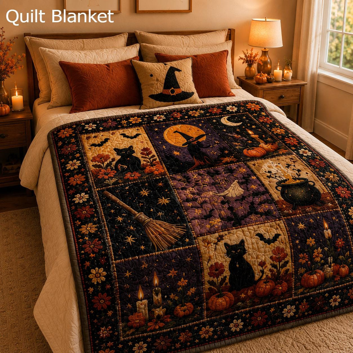 Halloween Quilt Blanket, Pumpkin Ghost Patchwork Throw, Fall Farmhouse Decor,Ghost Black Cat Pumpkin Throw, Fall Patchwork Autumn Home Decor