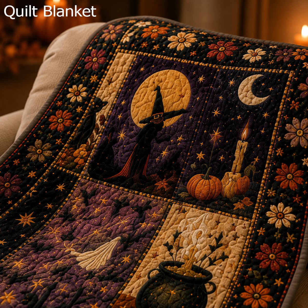 Halloween Quilt Blanket, Pumpkin Ghost Patchwork Throw, Fall Farmhouse Decor,Ghost Black Cat Pumpkin Throw, Fall Patchwork Autumn Home Decor