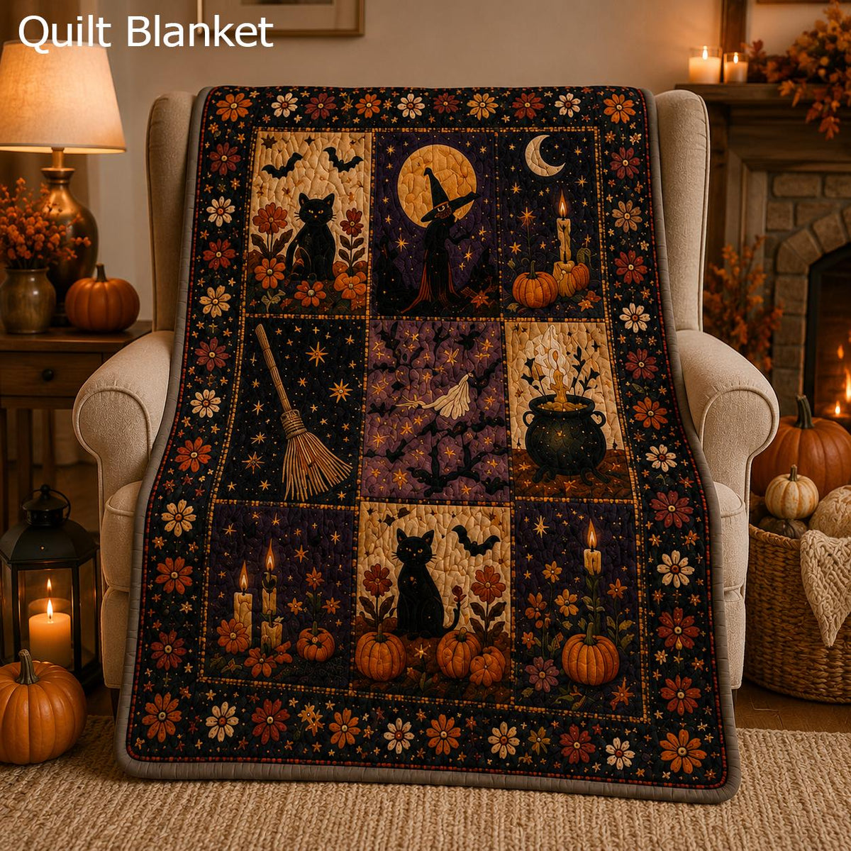 Halloween Quilt Blanket, Pumpkin Ghost Patchwork Throw, Fall Farmhouse Decor,Ghost Black Cat Pumpkin Throw, Fall Patchwork Autumn Home Decor