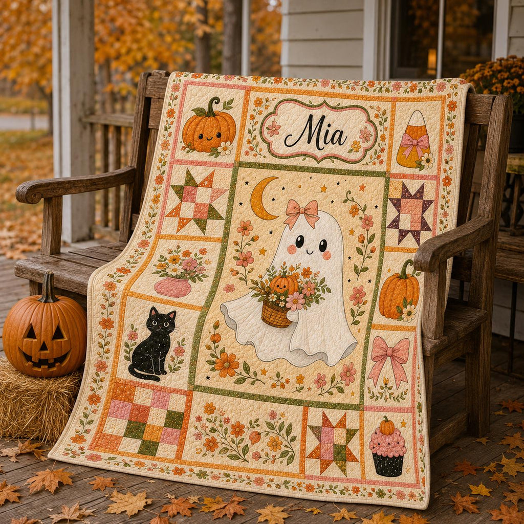 Halloween Patchwork Quilt Set, Pumpkin Ghost Patchwork Throw, Spooky Fall Quilt Blanket, Halloween Bedroom Decor, Fall Farmhouse Decor