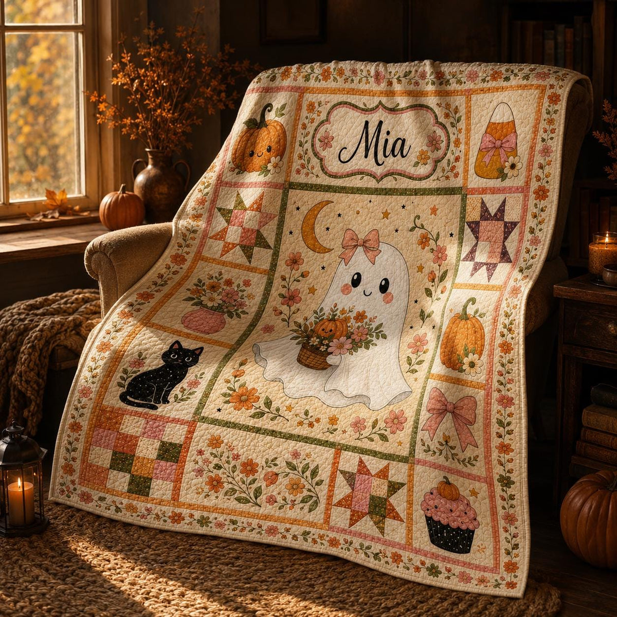 Halloween Patchwork Quilt Set, Pumpkin Ghost Patchwork Throw, Spooky Fall Quilt Blanket, Halloween Bedroom Decor, Fall Farmhouse Decor