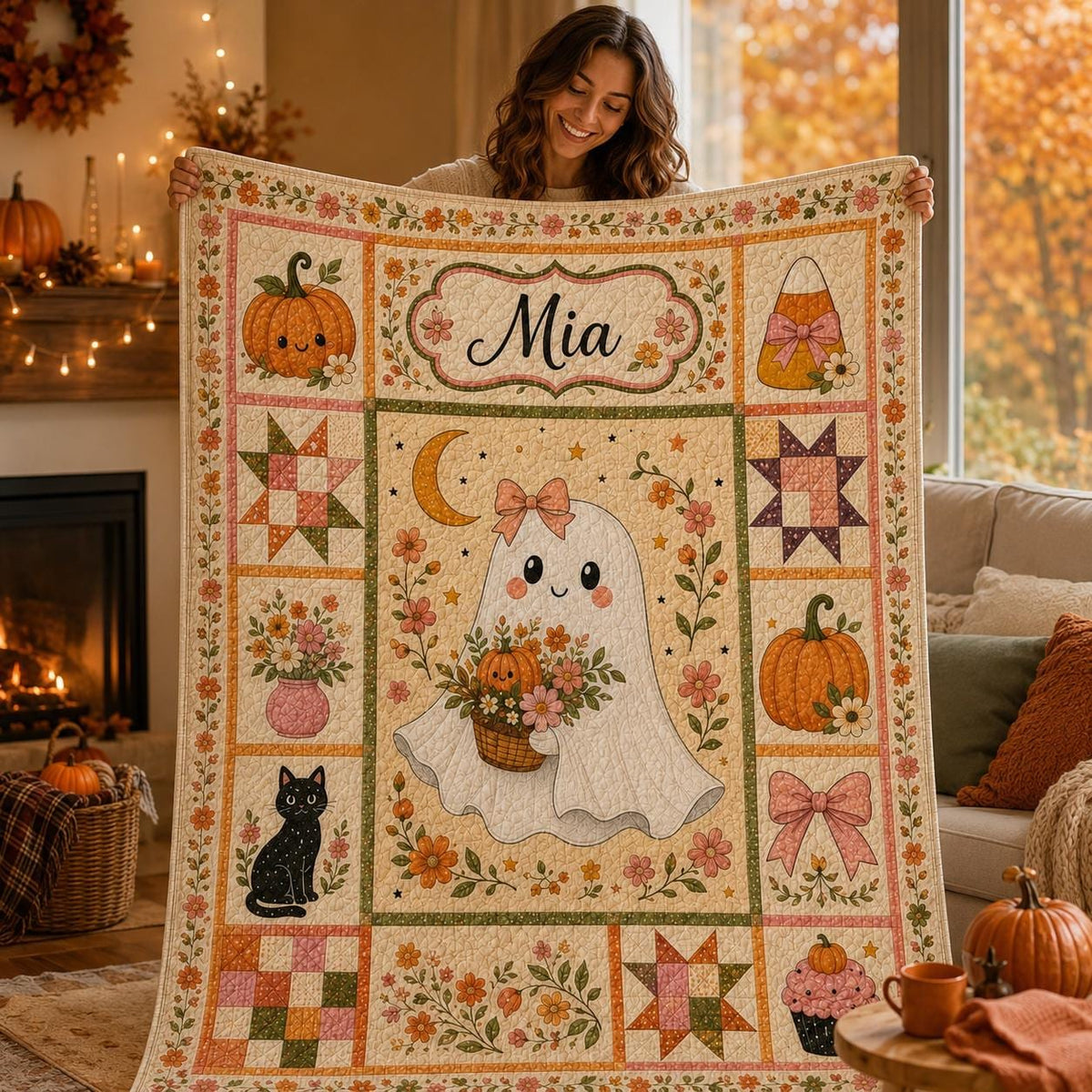 Halloween Patchwork Quilt Set, Pumpkin Ghost Patchwork Throw, Spooky Fall Quilt Blanket, Halloween Bedroom Decor, Fall Farmhouse Decor