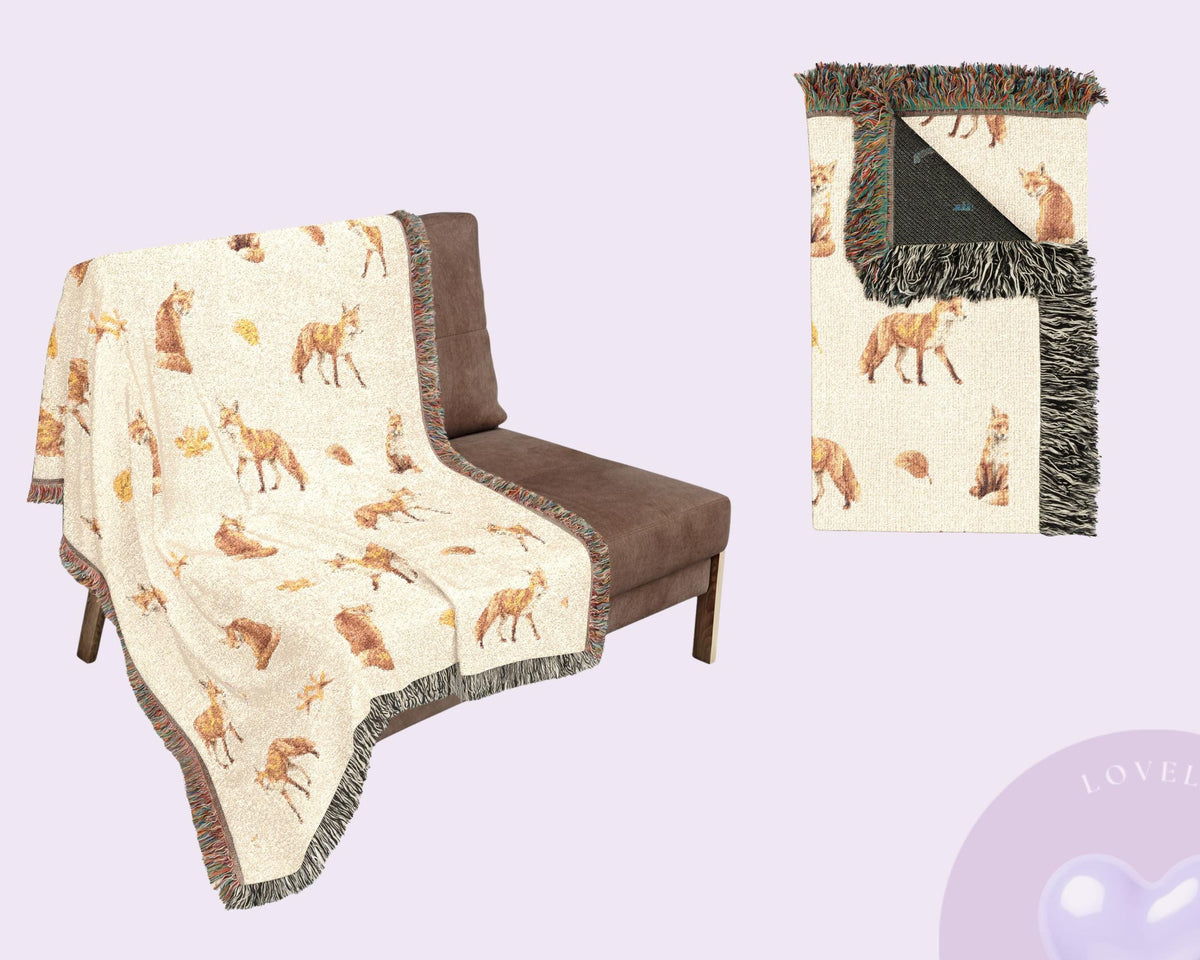 Watercolor Fox Woven Blanket, Woodland Rustic Cabin Throw, Autumn Forest Animal Decor, Woodland creature blanket