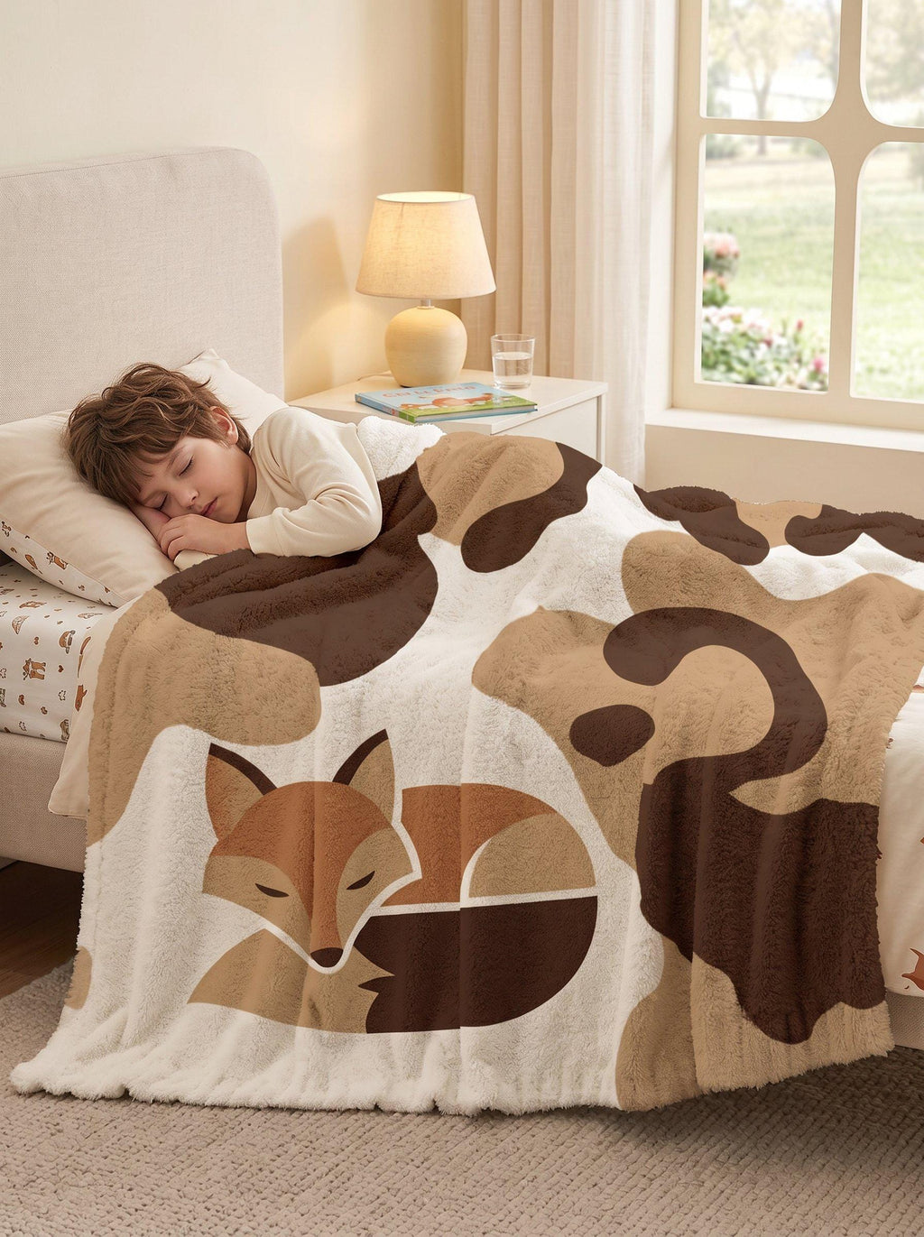 Sleeping Fox Blanket, Modern Woodland Nursery Decor, Earthy Tone Throw Blanket, Cute Animal Gift for Her, Cozy Cottagecore Cabin Bedding