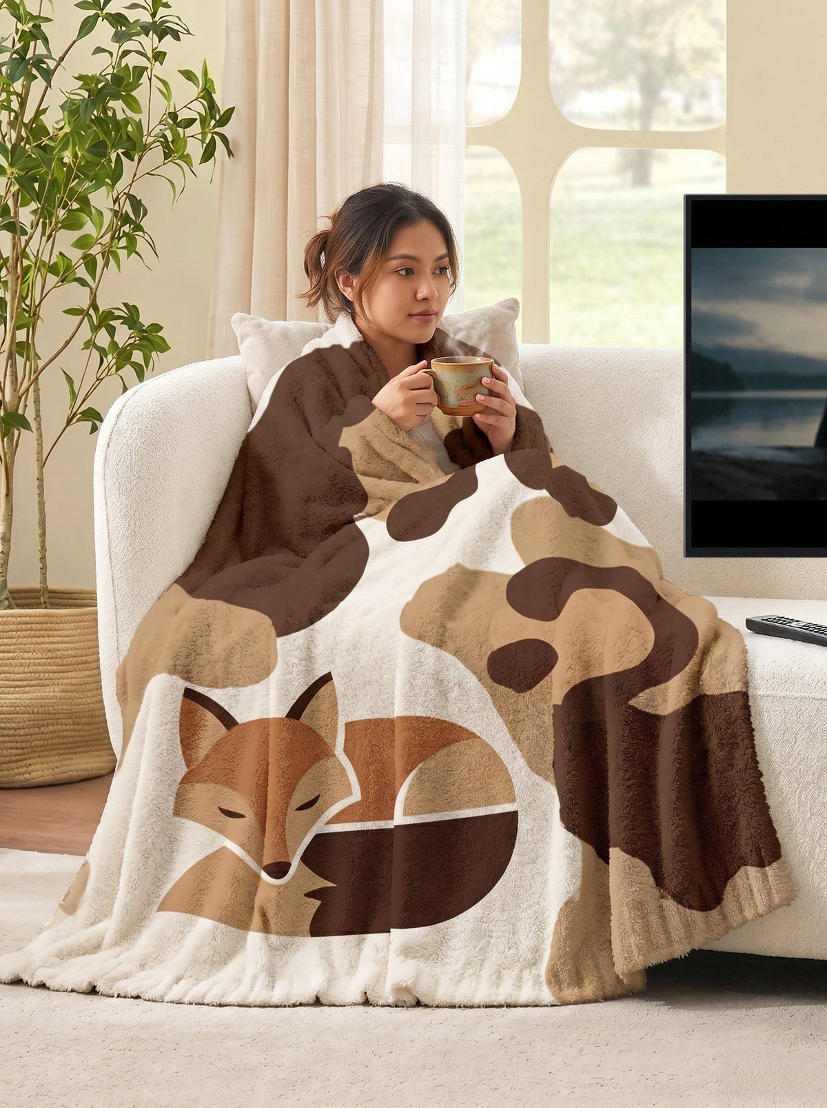 Sleeping Fox Blanket, Modern Woodland Nursery Decor, Earthy Tone Throw Blanket, Cute Animal Gift for Her, Cozy Cottagecore Cabin Bedding