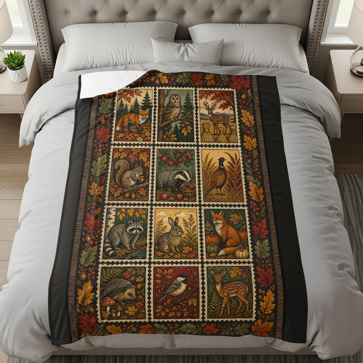 Autumn Woodland Animal Blanket, Fall Forestcore Cottagecore Tapestry Throw, Cozy Rustic Wildlife Nature Lover Decor Gift