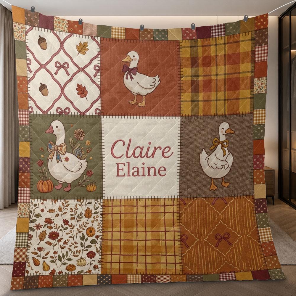 Personalized Goose Blanket, Custom Name Fall Quilt, Autumn Patchwork Throw, Farmhouse Nursery Gift