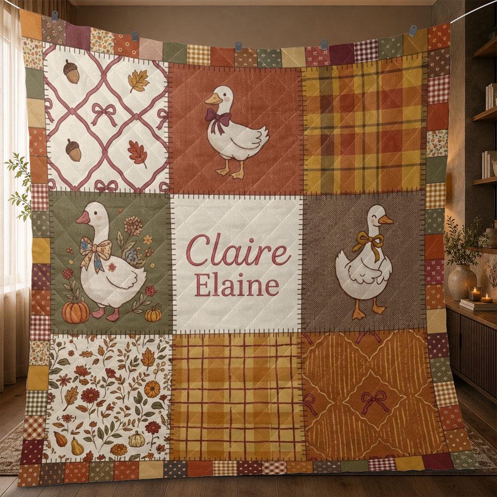 Personalized Goose Blanket, Custom Name Fall Quilt, Autumn Patchwork Throw, Farmhouse Nursery Gift