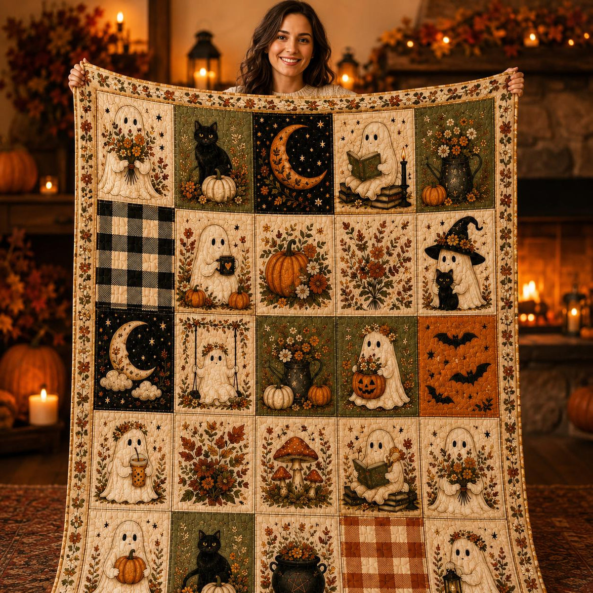Halloween Quilt Blanket, Ghost Blanket Pumpkin Throw, Cozy Fall Blanket, Spooky Season Decor, Fall Farmhouse Bedding, Halloween Gift