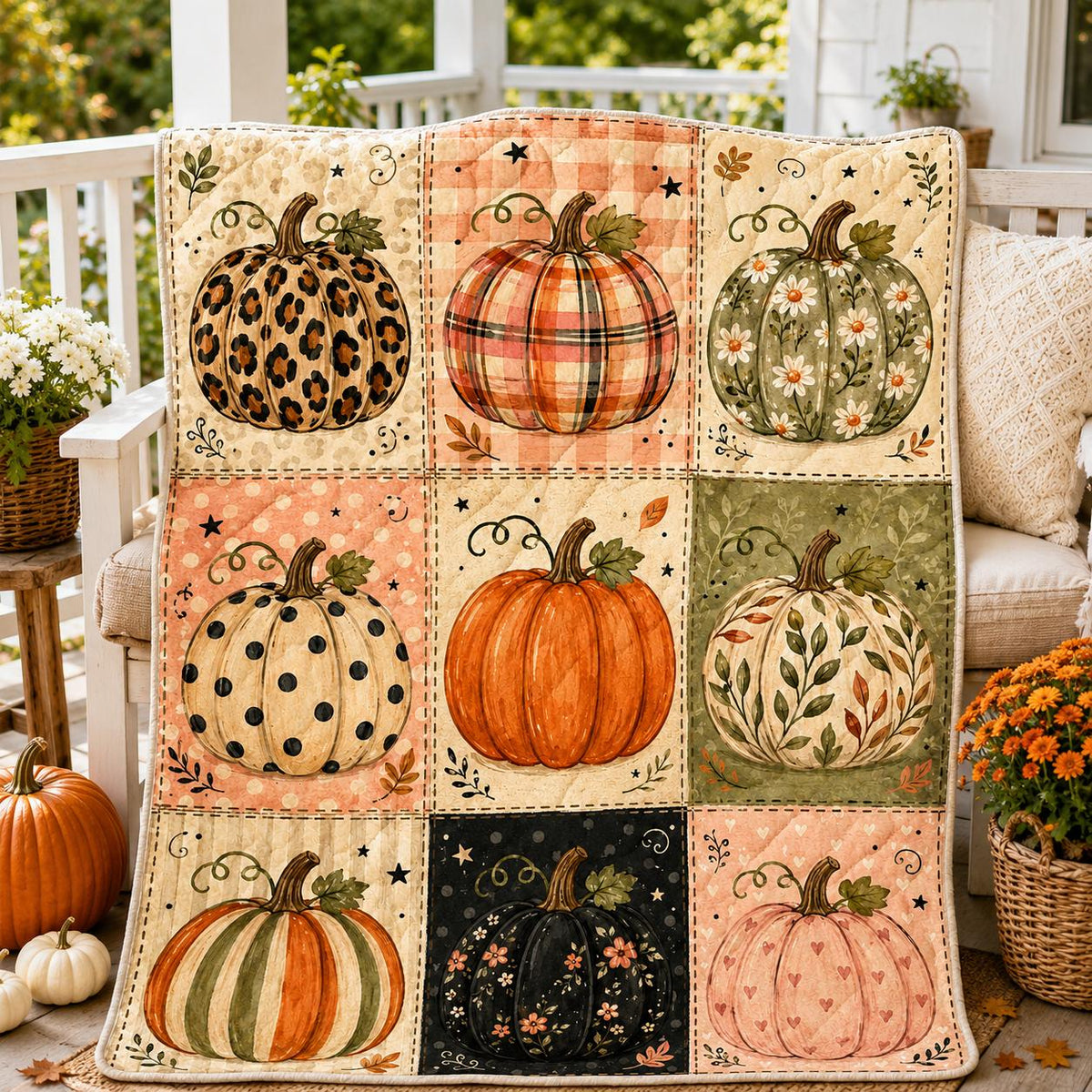 Pumpkin Patchwork Quilt Blanket, Rustic Fall Halloween Throw for Cozy Autumn Decor