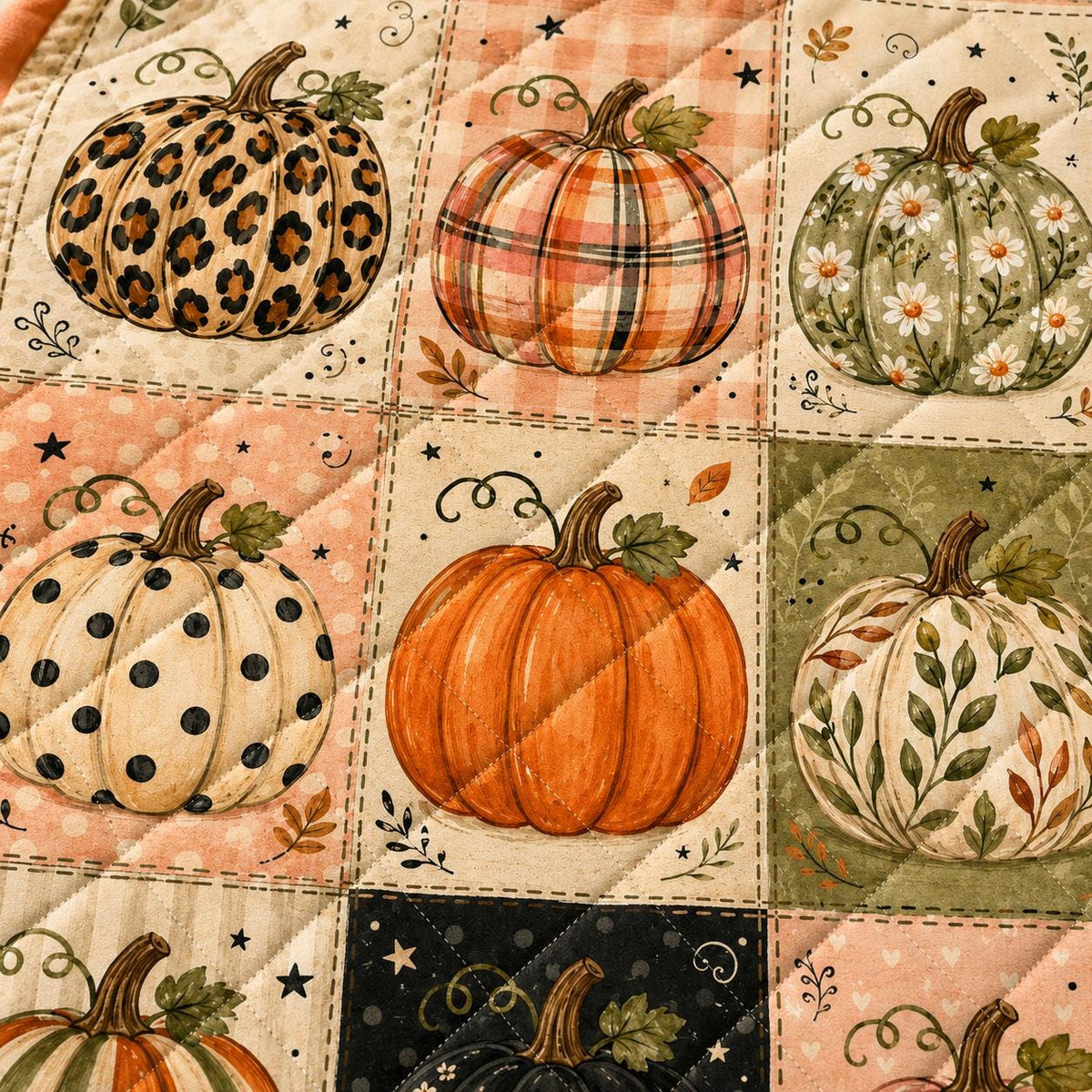 Pumpkin Patchwork Quilt Blanket, Rustic Fall Halloween Throw for Cozy Autumn Decor