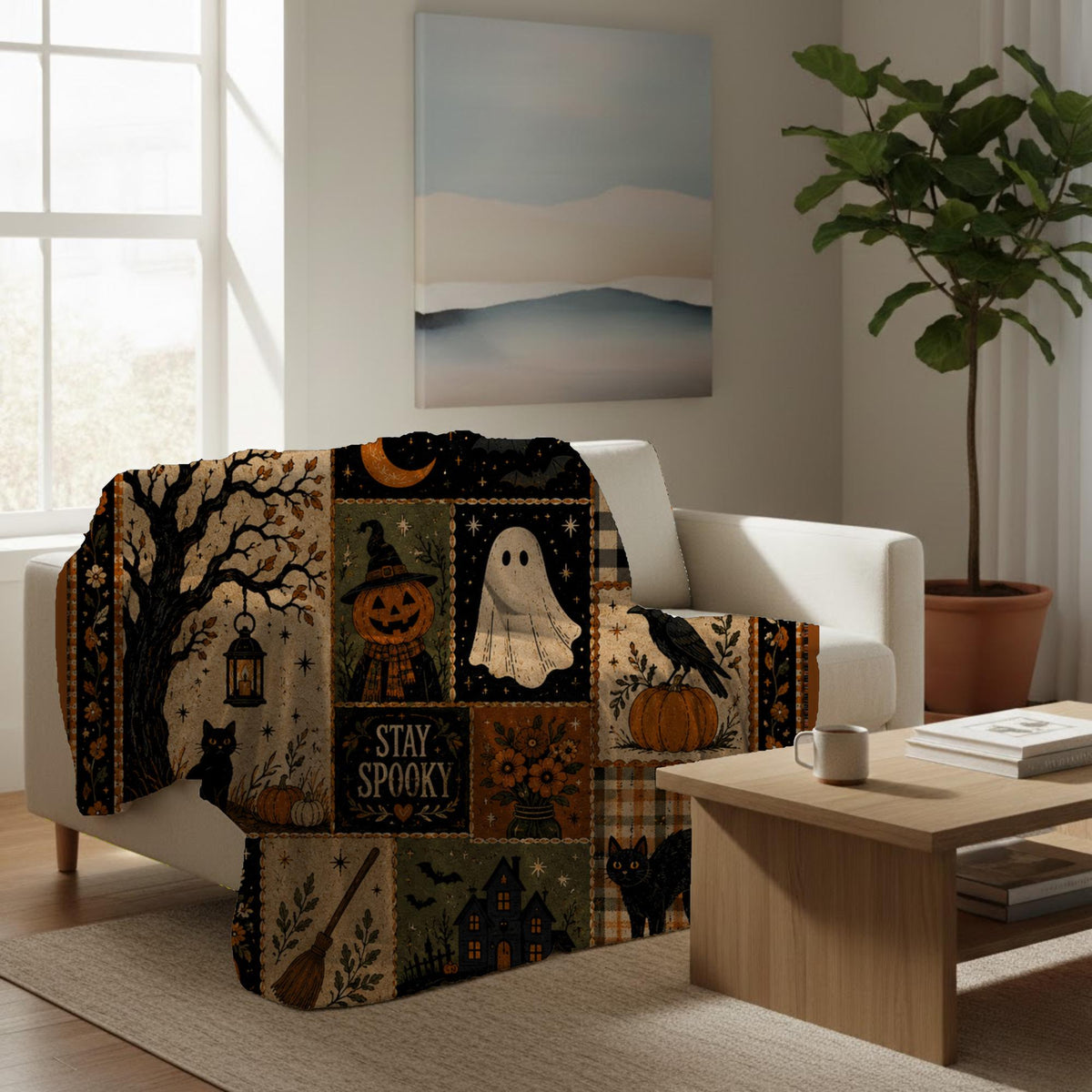 Stay Spooky Patchwork Blanket, Vintage Halloween Throw, Cottagecore Fall Room Decor, Witchy Ghost Black Cat Gift Idea