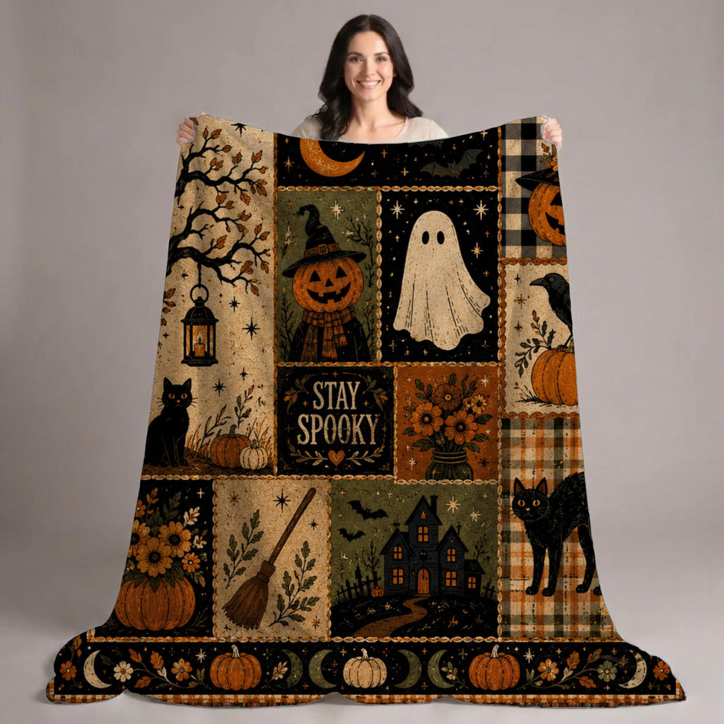 Stay Spooky Patchwork Blanket, Vintage Halloween Throw, Cottagecore Fall Room Decor, Witchy Ghost Black Cat Gift Idea