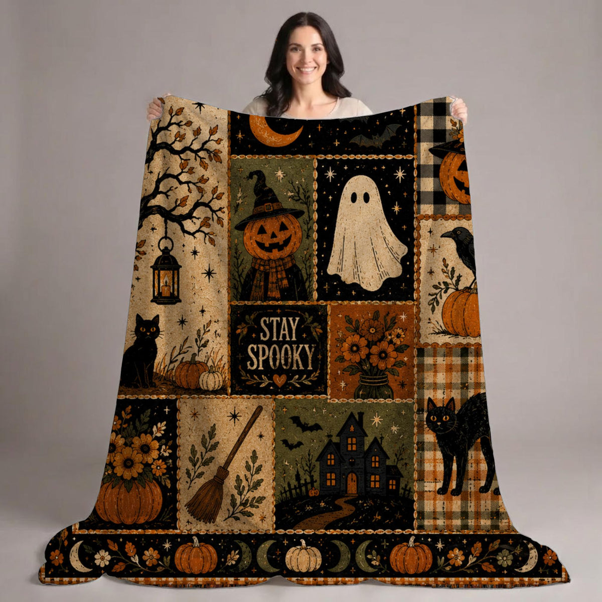Stay Spooky Patchwork Blanket, Vintage Halloween Throw, Cottagecore Fall Room Decor, Witchy Ghost Black Cat Gift Idea