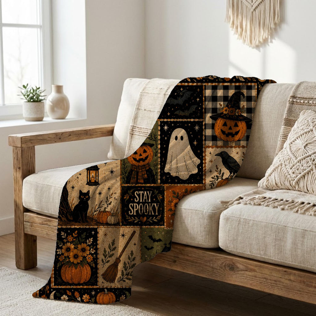 Stay Spooky Patchwork Blanket, Vintage Halloween Throw, Cottagecore Fall Room Decor, Witchy Ghost Black Cat Gift Idea