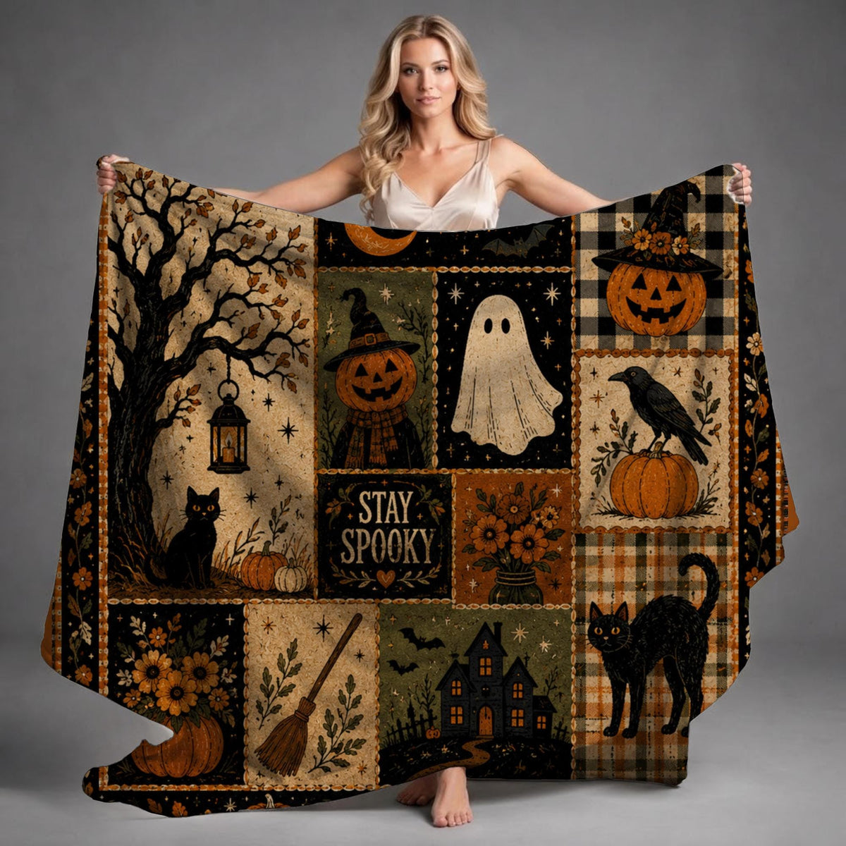 Stay Spooky Patchwork Blanket, Vintage Halloween Throw, Cottagecore Fall Room Decor, Witchy Ghost Black Cat Gift Idea
