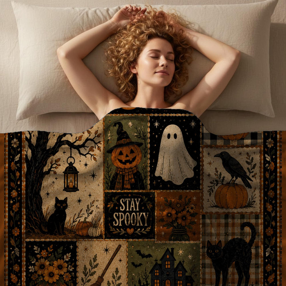 Stay Spooky Patchwork Blanket, Vintage Halloween Throw, Cottagecore Fall Room Decor, Witchy Ghost Black Cat Gift Idea