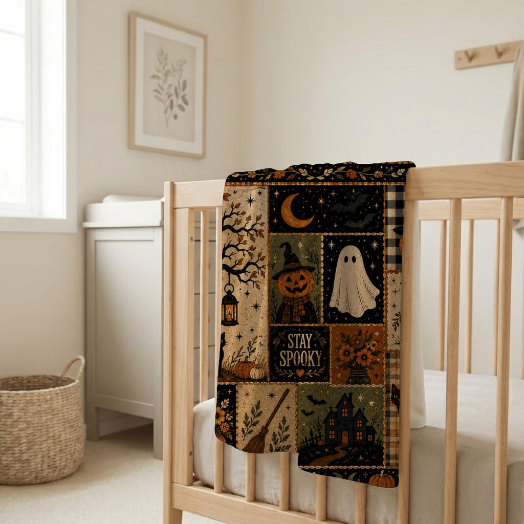 Stay Spooky Patchwork Blanket, Vintage Halloween Throw, Cottagecore Fall Room Decor, Witchy Ghost Black Cat Gift Idea