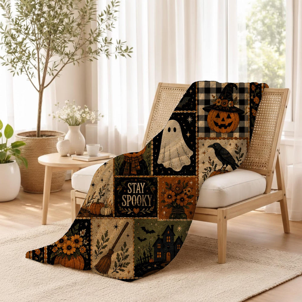 Stay Spooky Patchwork Blanket, Vintage Halloween Throw, Cottagecore Fall Room Decor, Witchy Ghost Black Cat Gift Idea