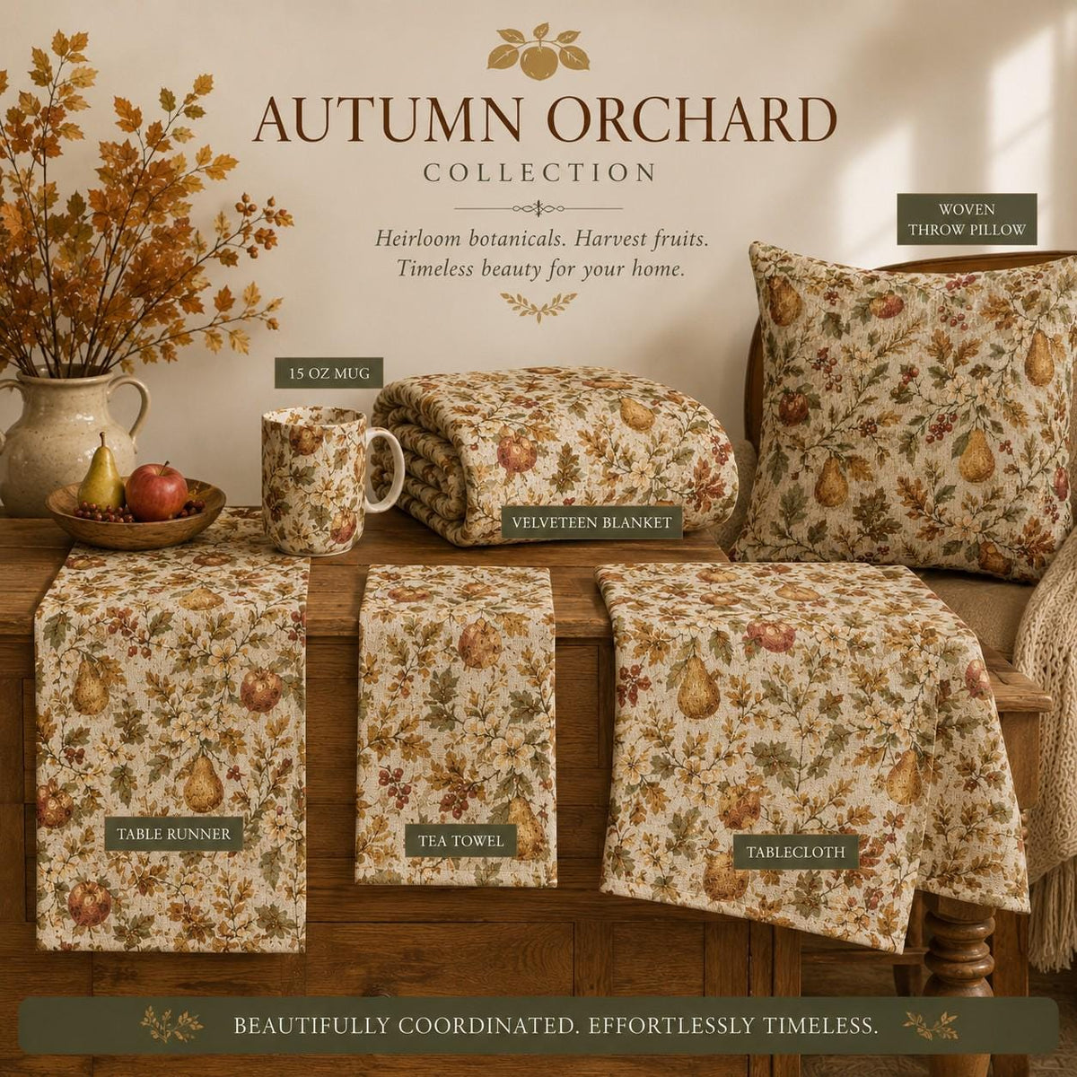 Autumn Orchard Velveteen Blanket, Heirloom Fall Throw, Botanical Cozy Decor