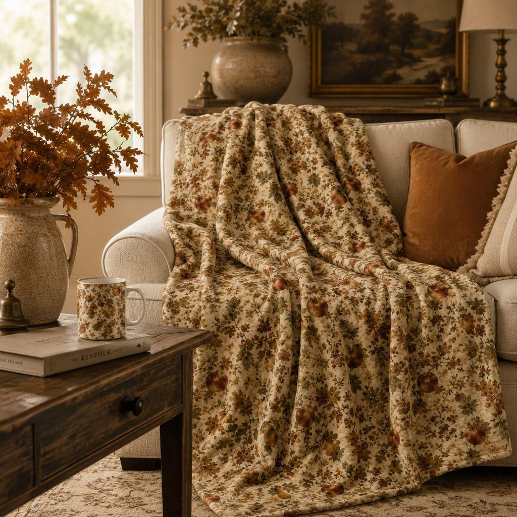 Autumn Orchard Velveteen Blanket, Heirloom Fall Throw, Botanical Cozy Decor