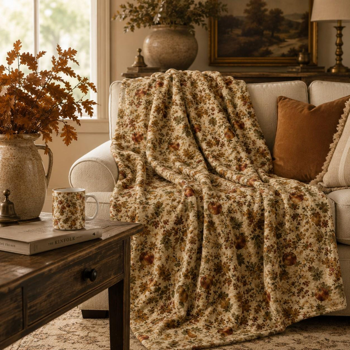 Autumn Orchard Velveteen Blanket, Heirloom Fall Throw, Botanical Cozy Decor