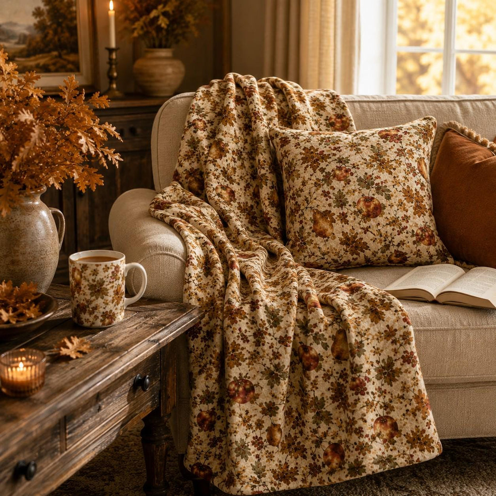 Autumn Orchard Velveteen Blanket, Heirloom Fall Throw, Botanical Cozy Decor