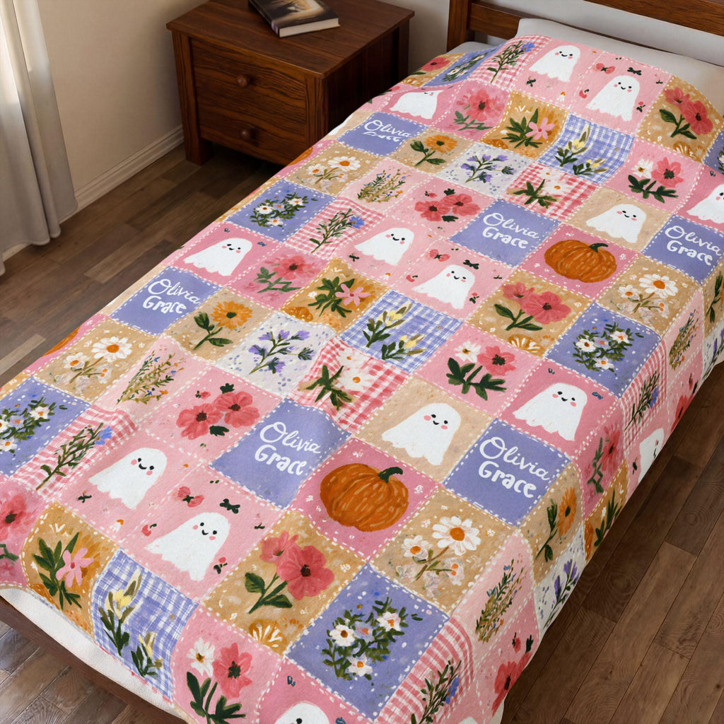 Personalized Patchwork Pumpkin Ghosts Velveteen Blanket | Cozy Fall Halloween Throw
