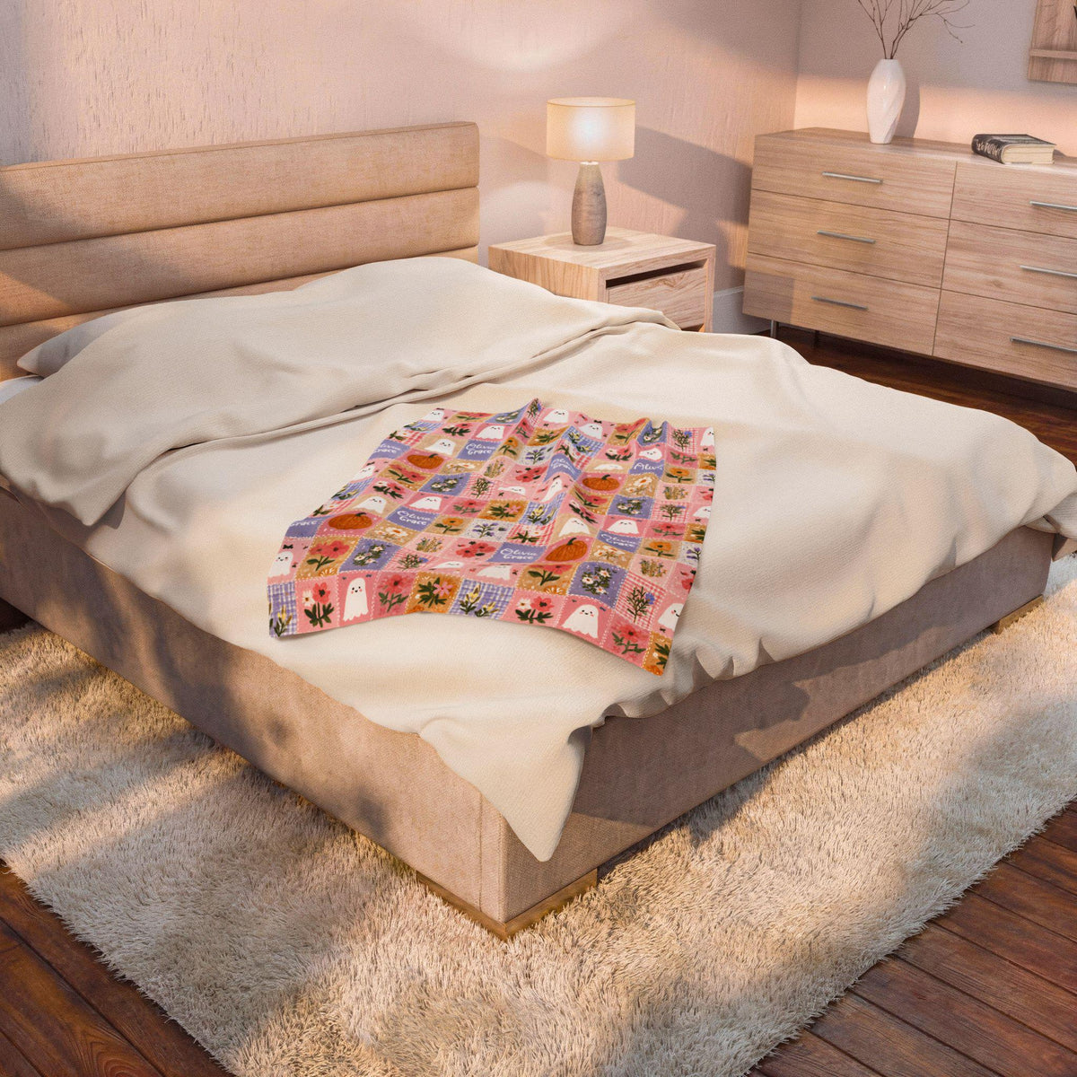 Personalized Patchwork Pumpkin Ghosts Velveteen Blanket | Cozy Fall Halloween Throw